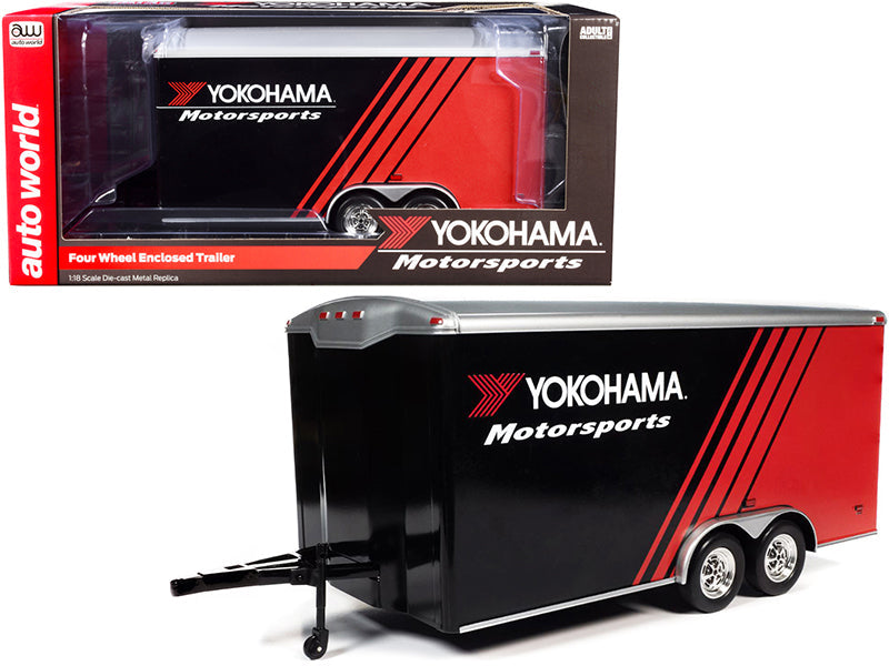 Four Wheel Enclosed Car Trailer "Yokohama Motorsports" Black and Red for 1/18 Scale Model Cars