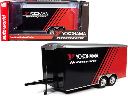Four Wheel Enclosed Car Trailer "Yokohama Motorsports" Black and Red for 1/18 Scale Model Cars