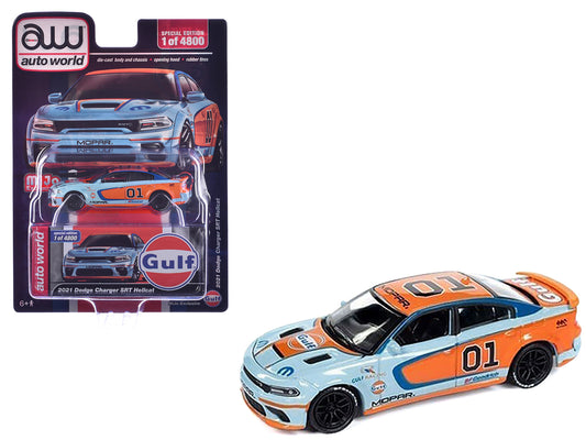 2021 Dodge Charger SRT Hellcat #01 "Gulf Oil-MOPAR" Light Blue and Orange Limited Edition to 4800 pieces Worldwide 1/64 Diecast Model Car