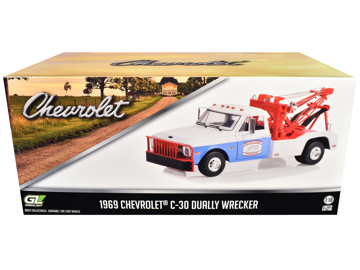 1969 Chevrolet C-30 Dually Wrecker Tow Truck White and Blue "Hazzard County Garage" 1/18 Diecast Model Car