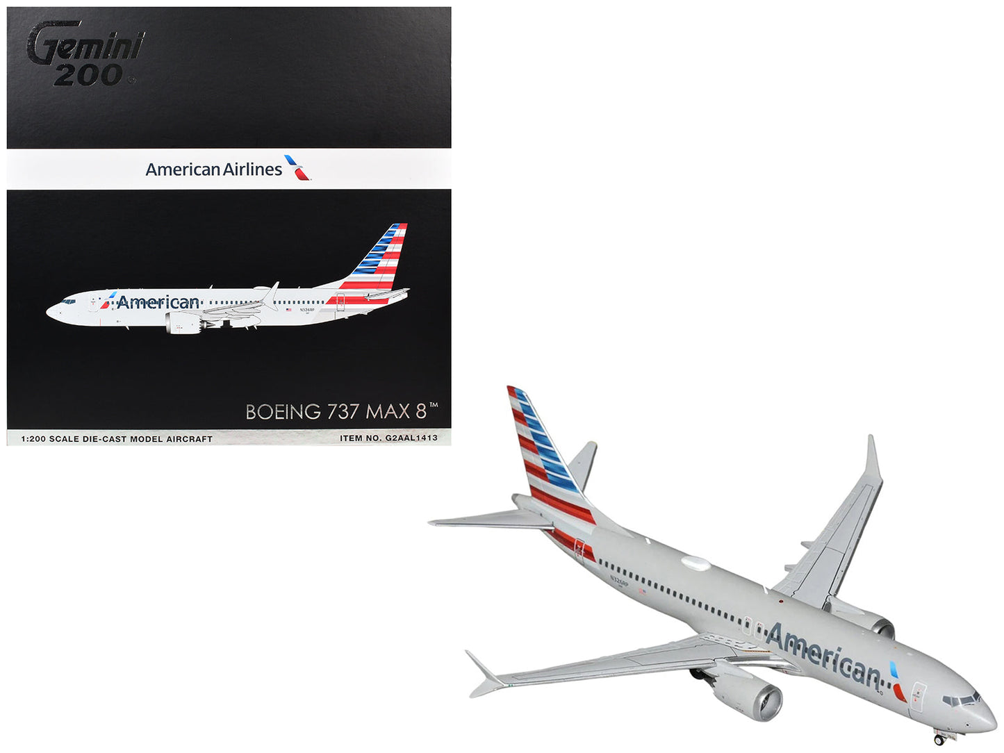 Boeing 737 MAX 8 Commercial Aircraft "American Airlines" (N326RP) Gray with Striped Tail "Gemini 200" Series 1/200 Diecast Model