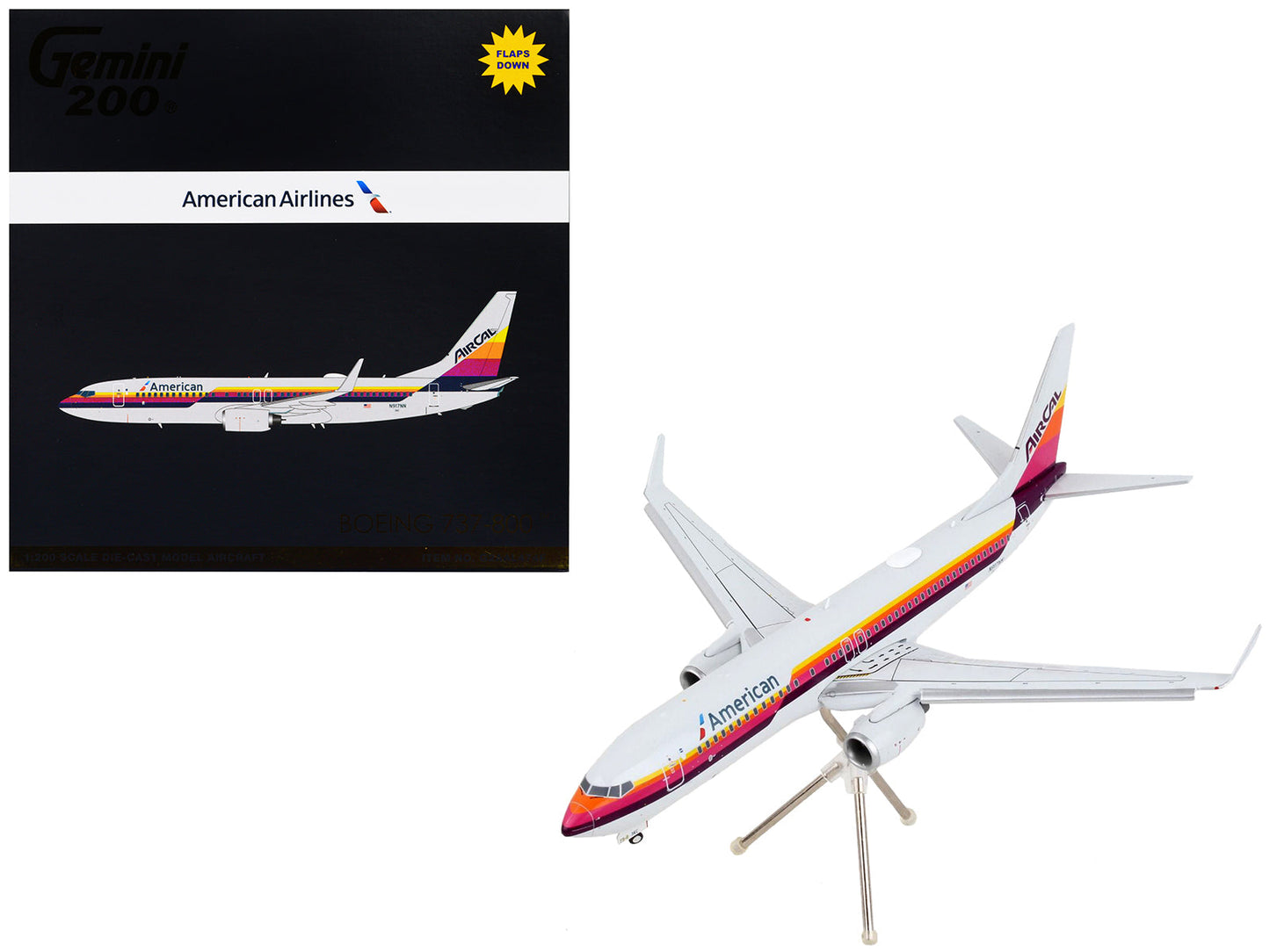 Boeing 737-800 Commercial Aircraft with Flaps Down "American Airlines - AirCal" Gray with Stripes "Gemini 200" Series 1/200 Diecast Model Airplane