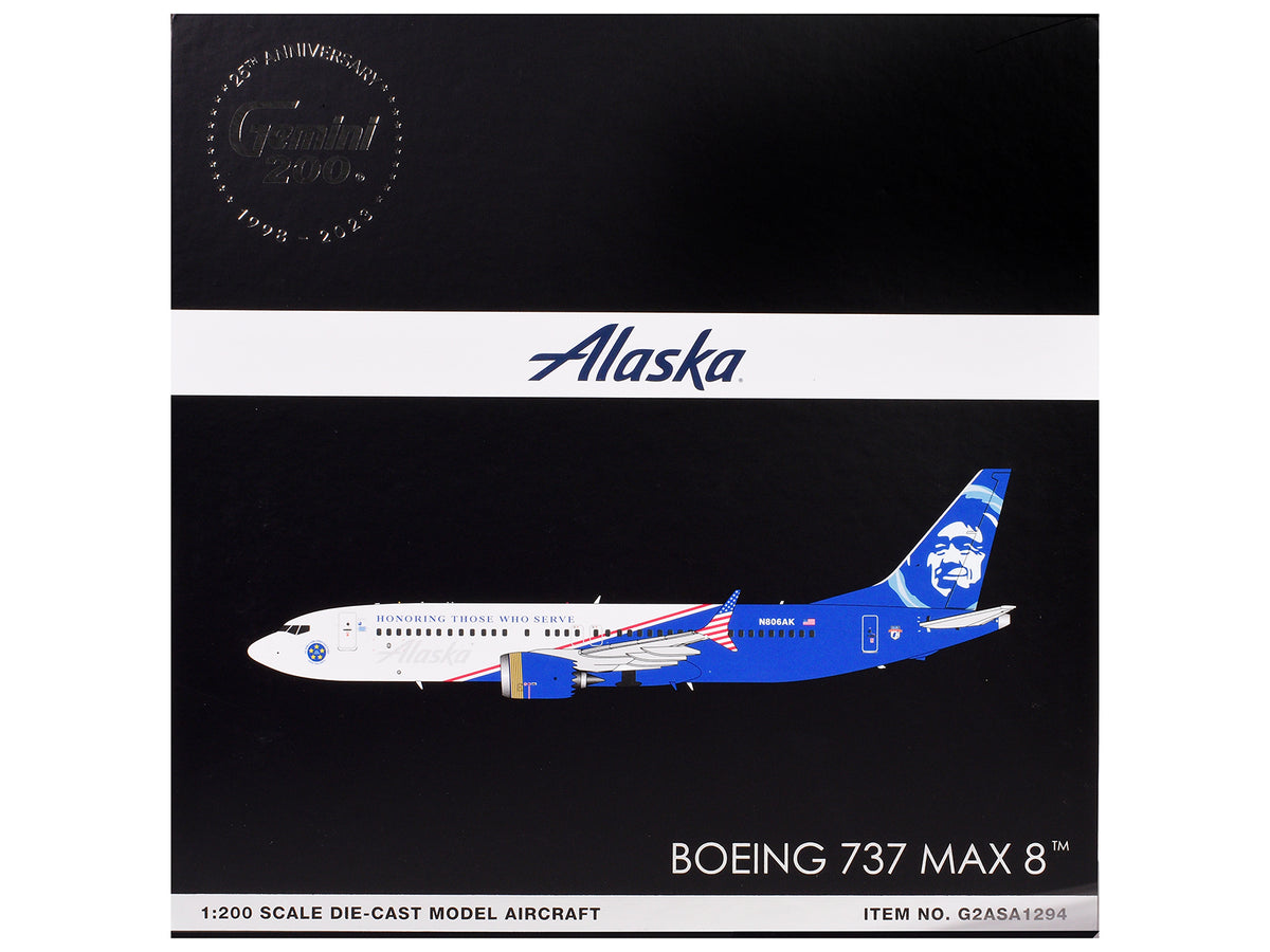 Boeing 737 MAX 8 Commercial Aircraft "Alaska Airlines - Honoring Those Who Serve" (N806AK) White and Blue "Gemini 200" Series 1/200 Diecast Model Airplane