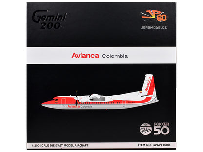 Fokker F50 Commercial Aircraft "Avianca Colombia" (PH-AVJ) White with Red Stripes "Gemini 200" Series 1/200 Diecast Model Airplane