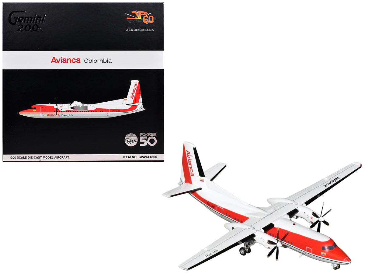 Fokker F50 Commercial Aircraft "Avianca Colombia" (PH-AVJ) White with Red Stripes "Gemini 200" Series 1/200 Diecast Model Airplane