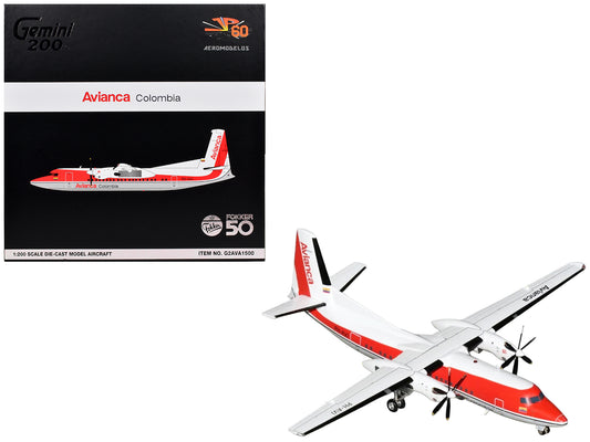 Fokker F50 Commercial Aircraft "Avianca Colombia" (PH-AVJ) White with Red Stripes "Gemini 200" Series 1/200 Diecast Model Airplane