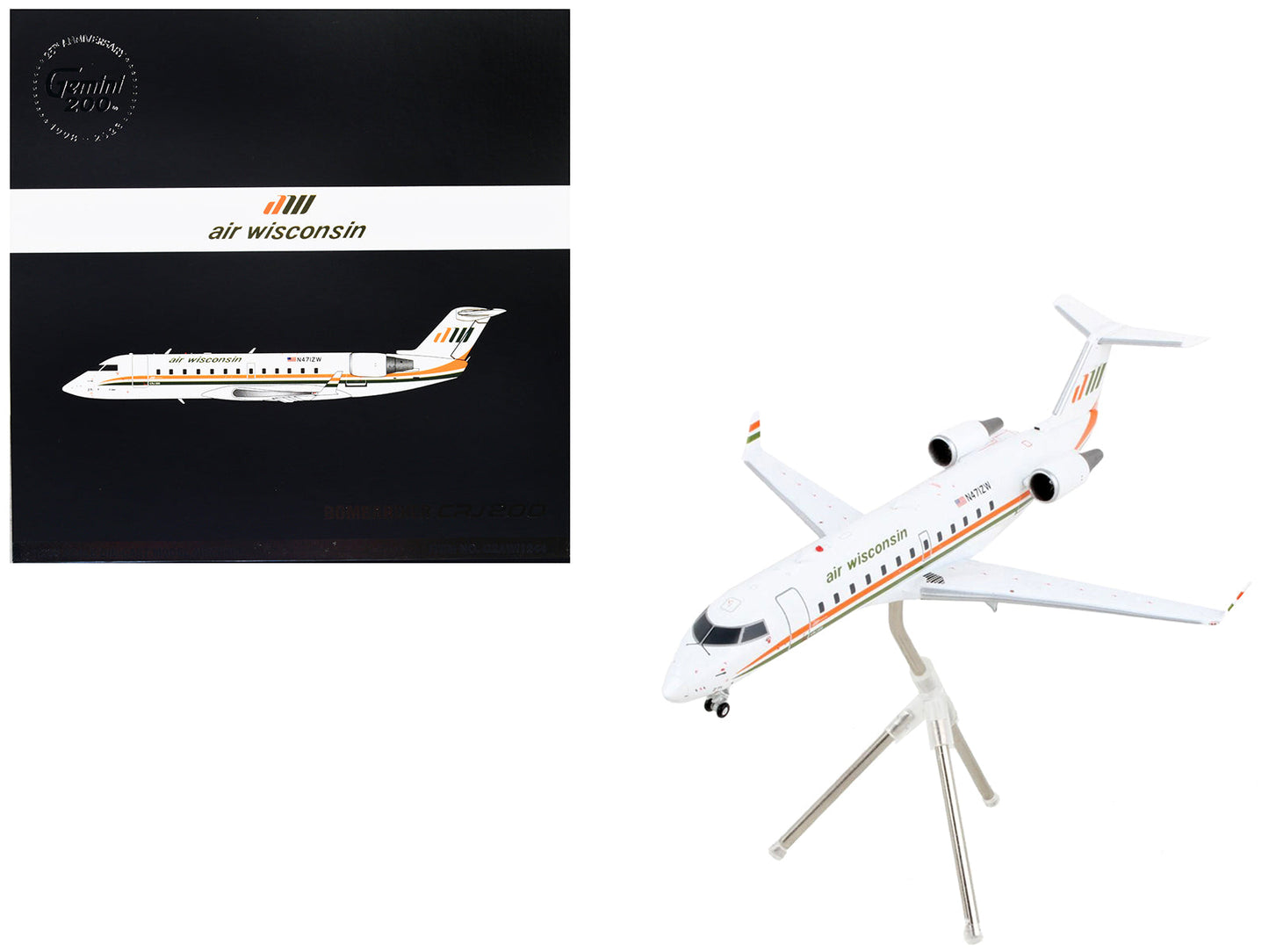 Bombardier CRJ200 Commercial Aircraft "Air Wisconsin" White with Orange and Green Stripes "Gemini 200" Series 1/200 Diecast Model Airplane