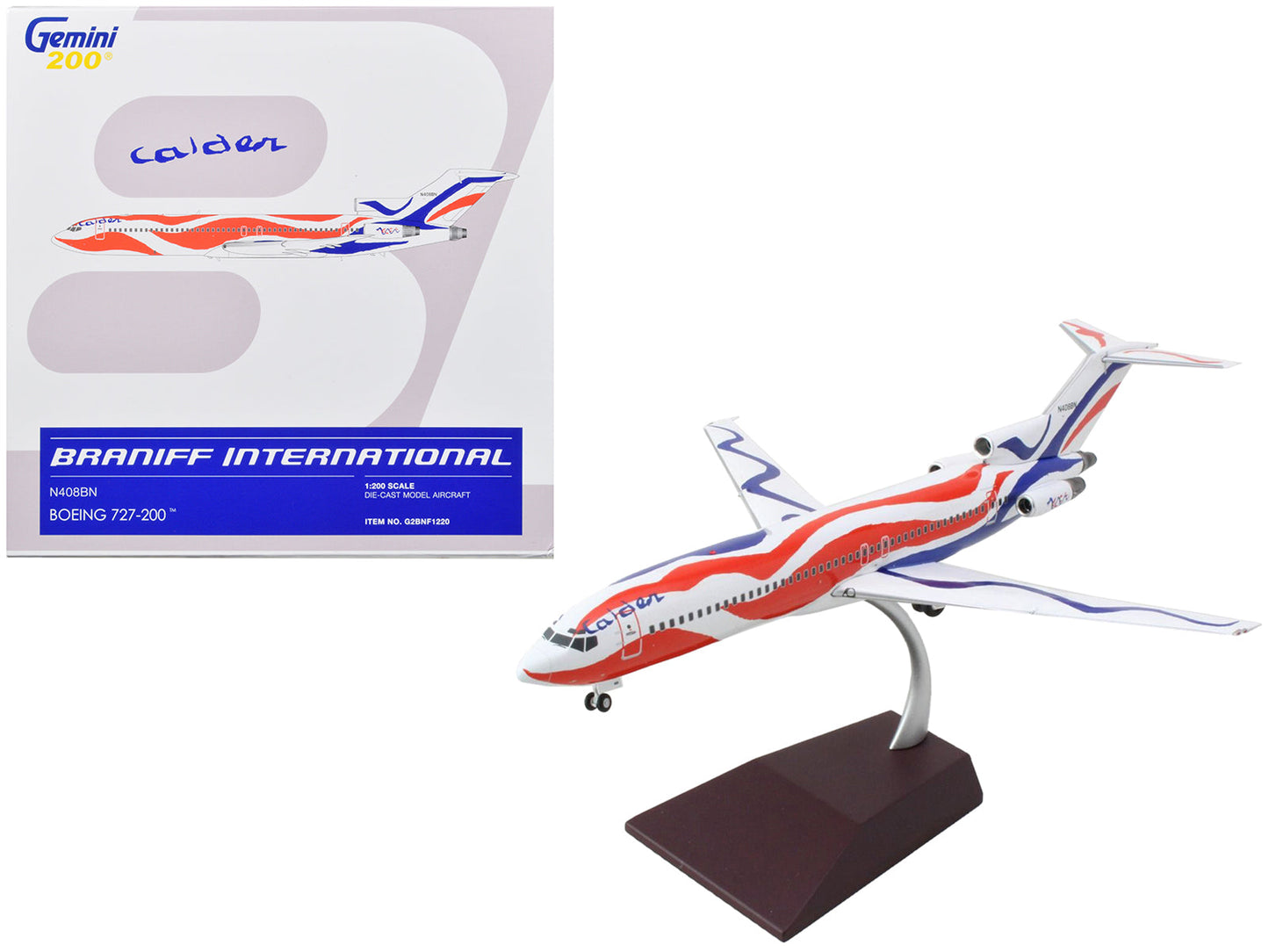 Boeing 727-200 Commercial Aircraft "Braniff International Airways - Calder Bicentennial Livery" White with Red and Blue Stripes "Gemini 200" Series 1/200 Diecast Model Airplane