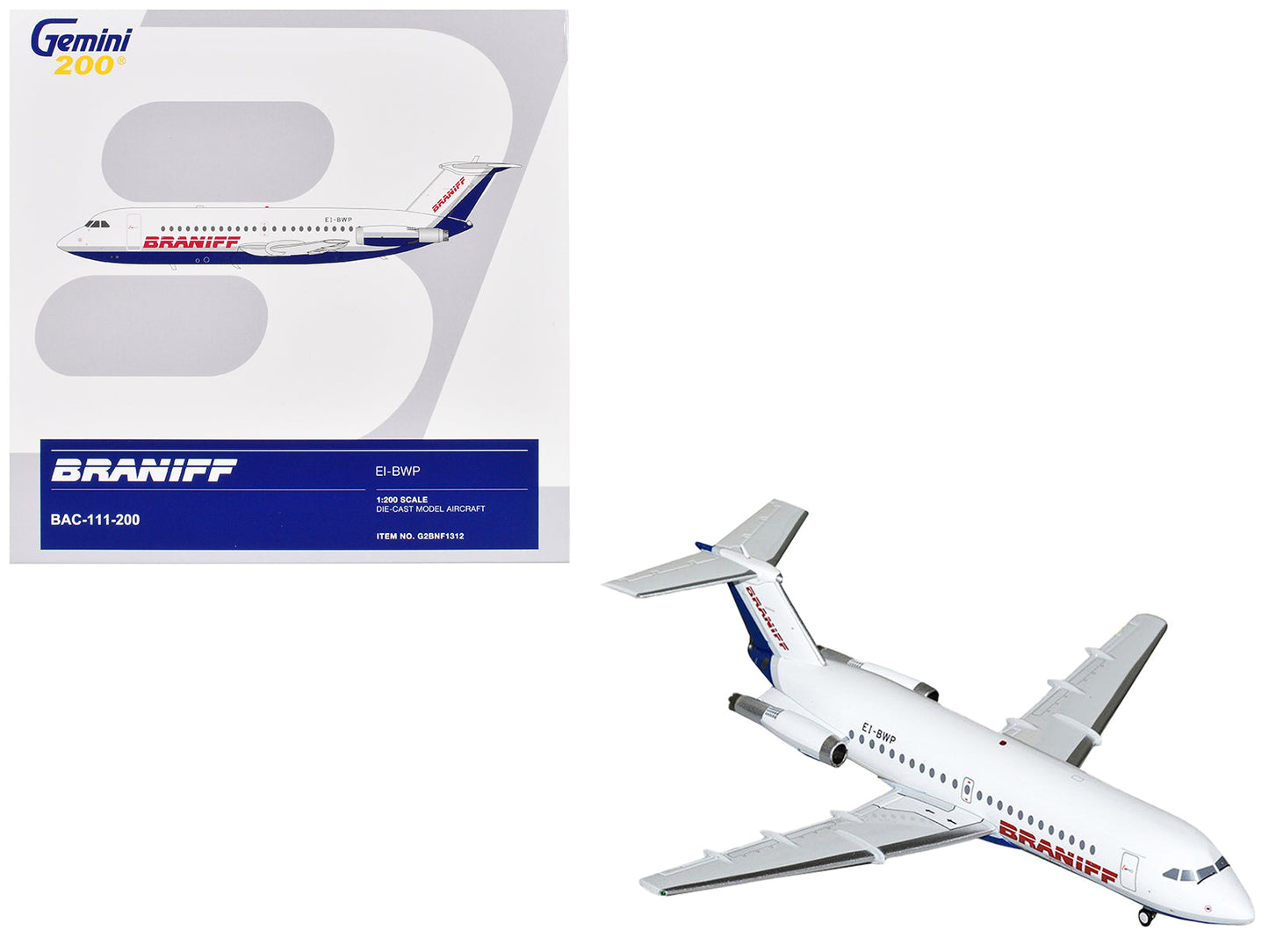 BAC 111-200 Commercial Aircraft "Braniff International Airways" (EI-BWP) White with Blue Tail "Gemini 200" Series 1/200 Diecast Model Airplane