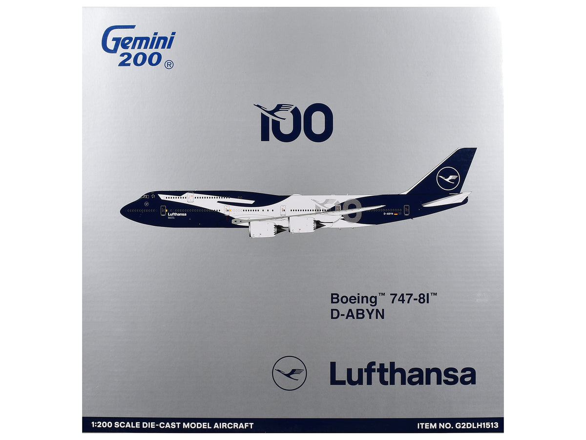 Boeing 747-8I Commercial Aircraft "Lufthansa 100 Years" (D-ABYN) Dark Blue and White "Gemini 200" Series 1/200 Diecast Model Airplane