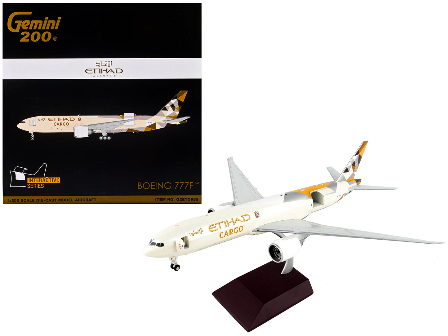 Boeing 777F Commercial Aircraft "Etihad Airways Cargo" Beige with Tail Graphics "Gemini 200 - Interactive" Series 1/200 Diecast Model Airplane