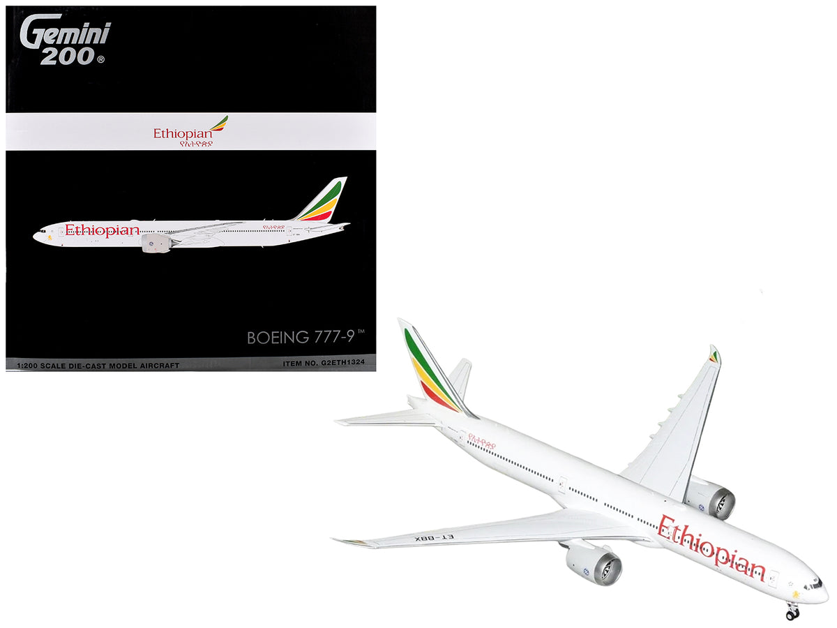 Boeing 777-9 Commercial Aircraft "Ethiopian Airlines" (ET-BBX) White with Tail Stripes "Gemini 200" Series 1/200 Diecast Model Airplane