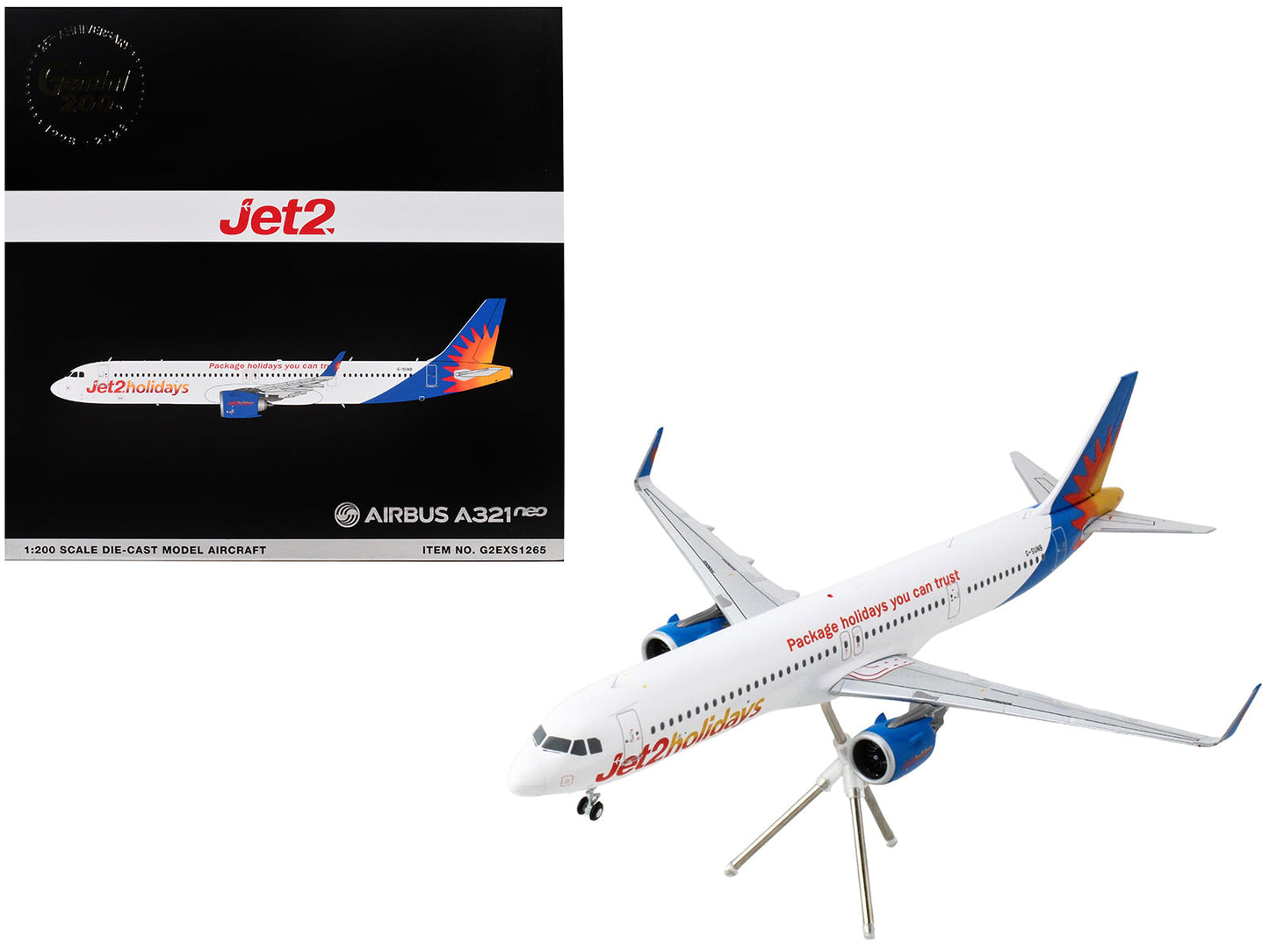 Airbus A321neo Commercial Aircraft "Jet2Holidays" (G-SUNB) White with Tail Graphics "Gemini 200" Series 1/200 Diecast Model Airplane
