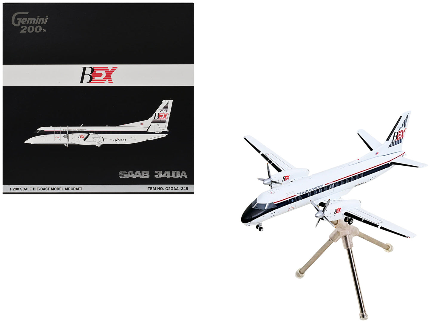 Saab 340A Commercial Aircraft "Delta Connection - Business Express Airlines" (N749BA) White with Dark Blue and Red Stripes "Gemini 200" Series 1/200 Diecast Model