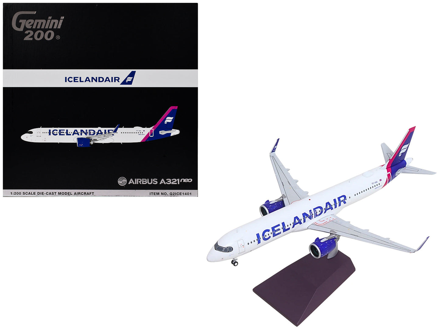 Airbus A321neo Commercial Aircraft "Icelandair" (TF-IAA) White with Blue and Pink Tail "Gemini 200" Series 1/200 Diecast Model