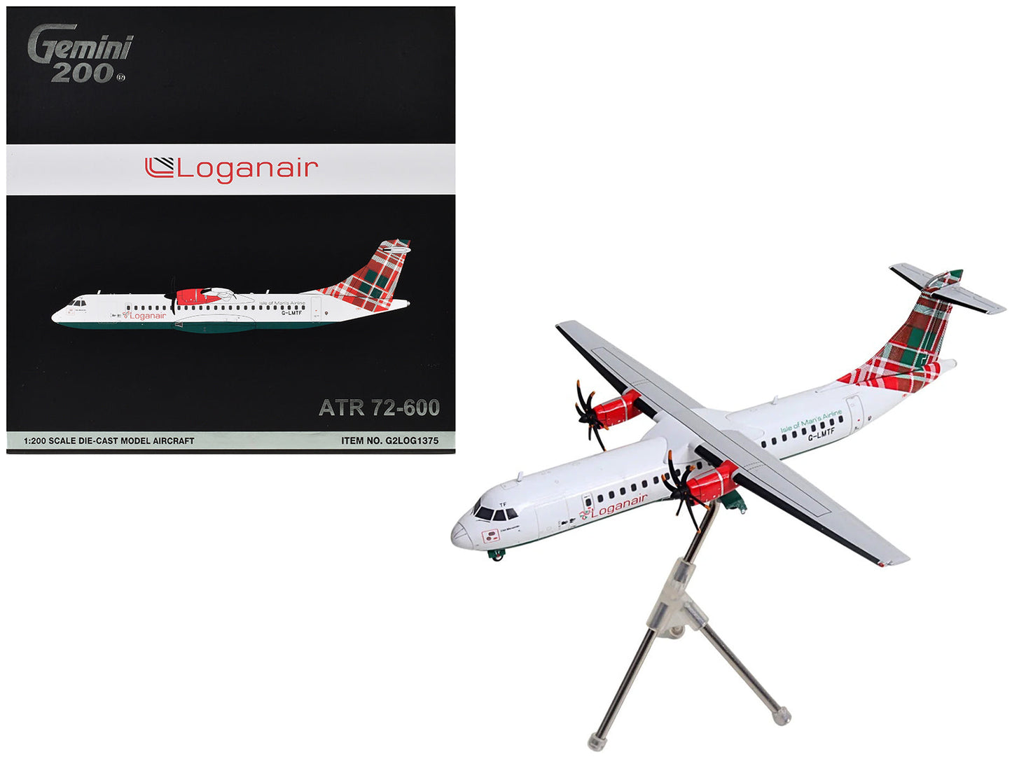 ATR 72-600 Commercial Aircraft "Loganair - Isle of Man's Airline" (G-LMTF) White with Green and Red Plaid Tail "Gemini 200" Series 1/200 Diecast Model Airplane