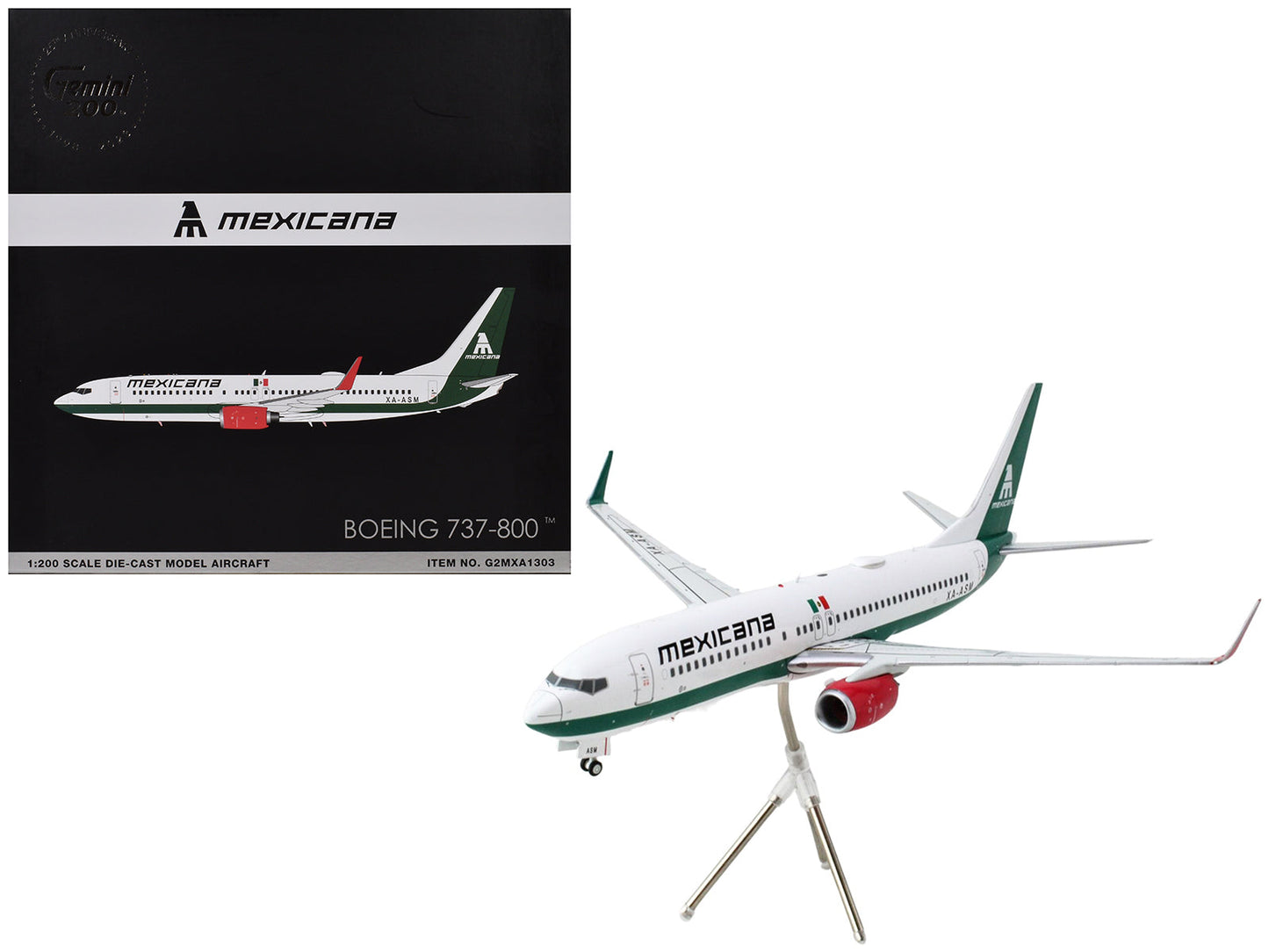 Boeing 737-800 Commercial Aircraft "Mexicana" (XA-ASM) White with Green Stripes "Gemini 200" Series 1/200 Diecast Model Airplane