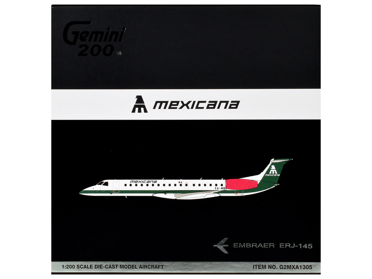 Embraer ERJ-145 Commercial Aircraft "Mexicana de Aviacion" (XA-MBR) White with Green Stripes and Tail "Gemini 200" Series 1/200 Diecast Model