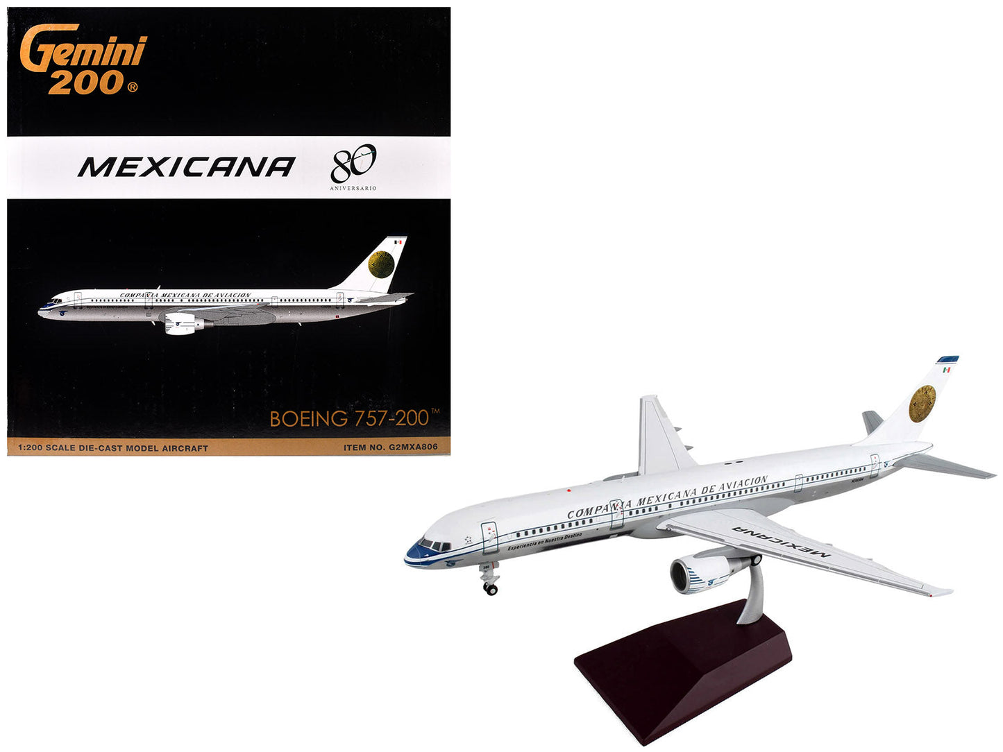 Boeing 757-200 Commercial Aircraft "Mexicana Retro Livery" (N380RM) White with Tail Graphics "Gemini 200" Series 1/200 Diecast Model Airplane