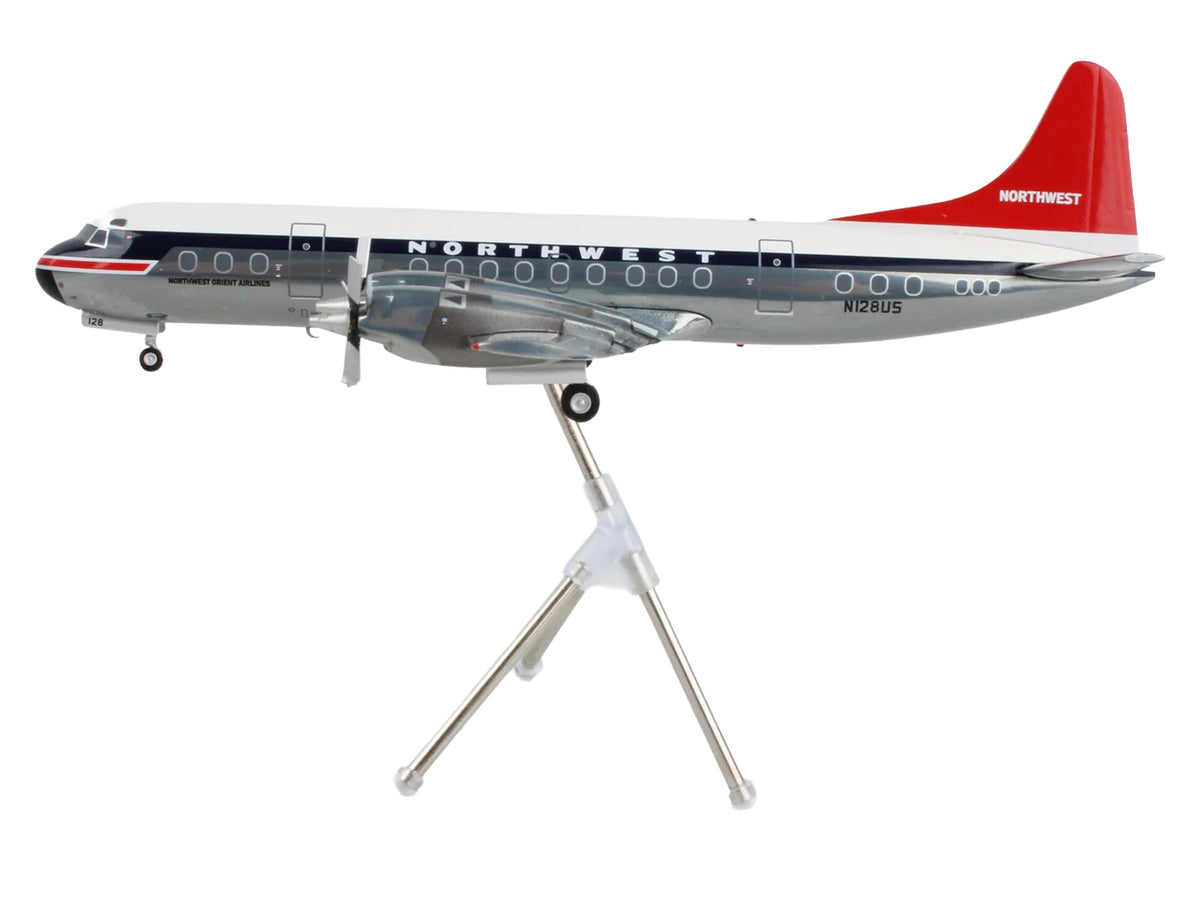 Lockheed L-188 Electra Commercial Aircraft "Northwest Orient" (N128US) White and Gray with Blue Stripes and Red Tail "Gemini 200" Series 1/200 Diecast Model Airplane