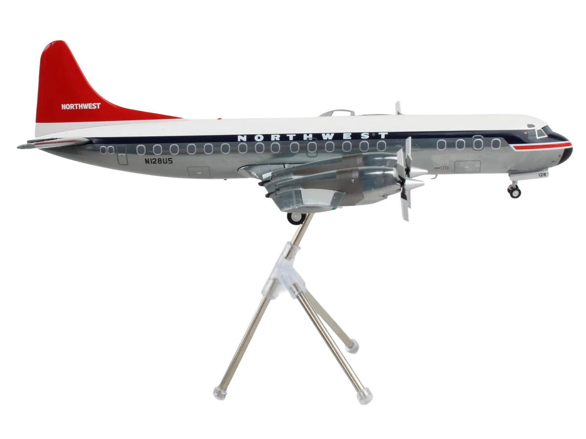 Lockheed L-188 Electra Commercial Aircraft "Northwest Orient" (N128US) White and Gray with Blue Stripes and Red Tail "Gemini 200" Series 1/200 Diecast Model Airplane
