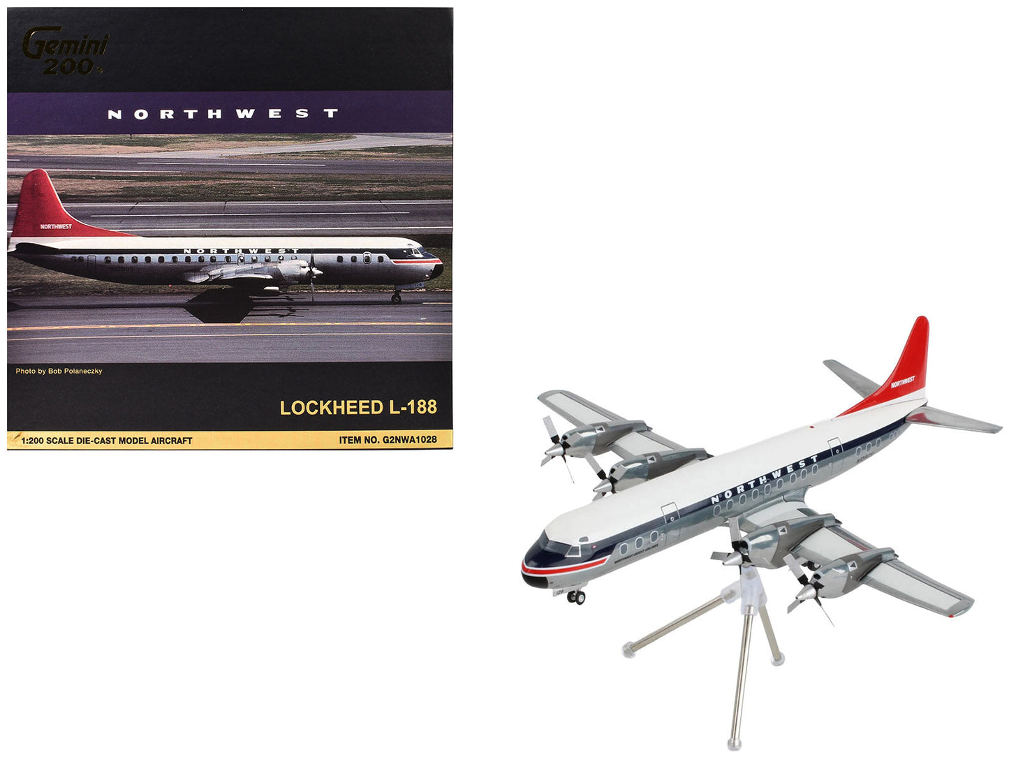 Lockheed L-188 Electra Commercial Aircraft "Northwest Orient" (N128US) White and Gray with Blue Stripes and Red Tail "Gemini 200" Series 1/200 Diecast Model Airplane