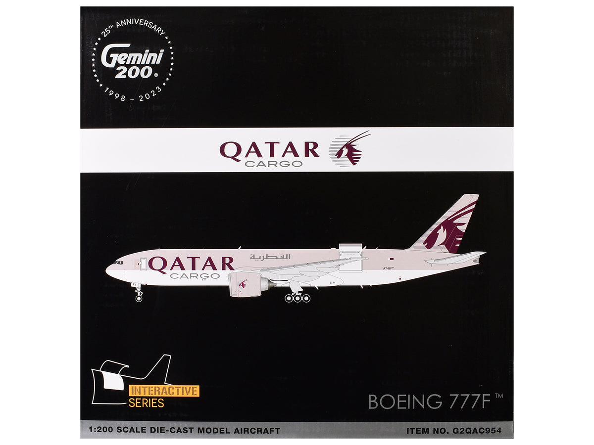 Boeing 777F Commercial Aircraft "Qatar Cargo" (A7-BFT) Gray with Tail Graphics "Gemini 200 - Interactive" Series 1/200 Diecast Model Airplane