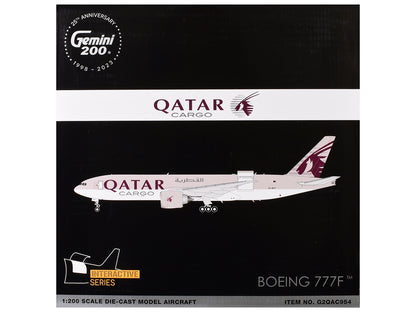 Boeing 777F Commercial Aircraft "Qatar Cargo" (A7-BFT) Gray with Tail Graphics "Gemini 200 - Interactive" Series 1/200 Diecast Model Airplane