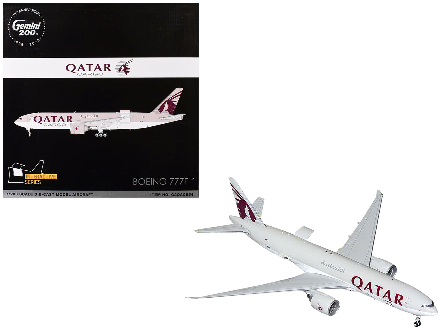 Boeing 777F Commercial Aircraft "Qatar Cargo" (A7-BFT) Gray with Tail Graphics "Gemini 200 - Interactive" Series 1/200 Diecast Model Airplane