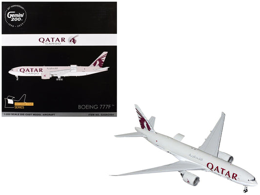Boeing 777F Commercial Aircraft "Qatar Cargo" (A7-BFT) Gray with Tail Graphics "Gemini 200 - Interactive" Series 1/200 Diecast Model Airplane
