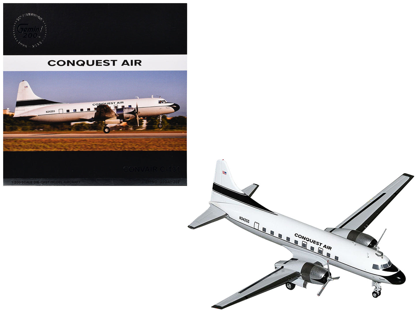 Convair C-131 Commercial Aircraft "Conquest Air Cargo" (N342GS) White with Black Tail Stripes "Gemini 200" Series 1/200 Diecast Model Airplane