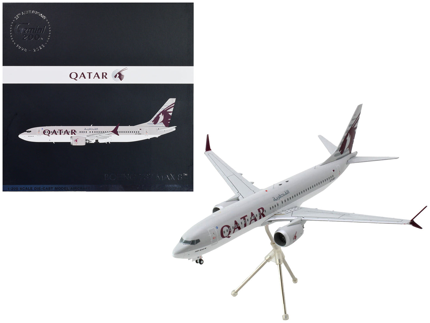 Boeing 737 MAX 8 Commercial Aircraft "Qatar Airways" Gray and White with Tail Graphics "Gemini 200" Series 1/200 Diecast Model Airplane