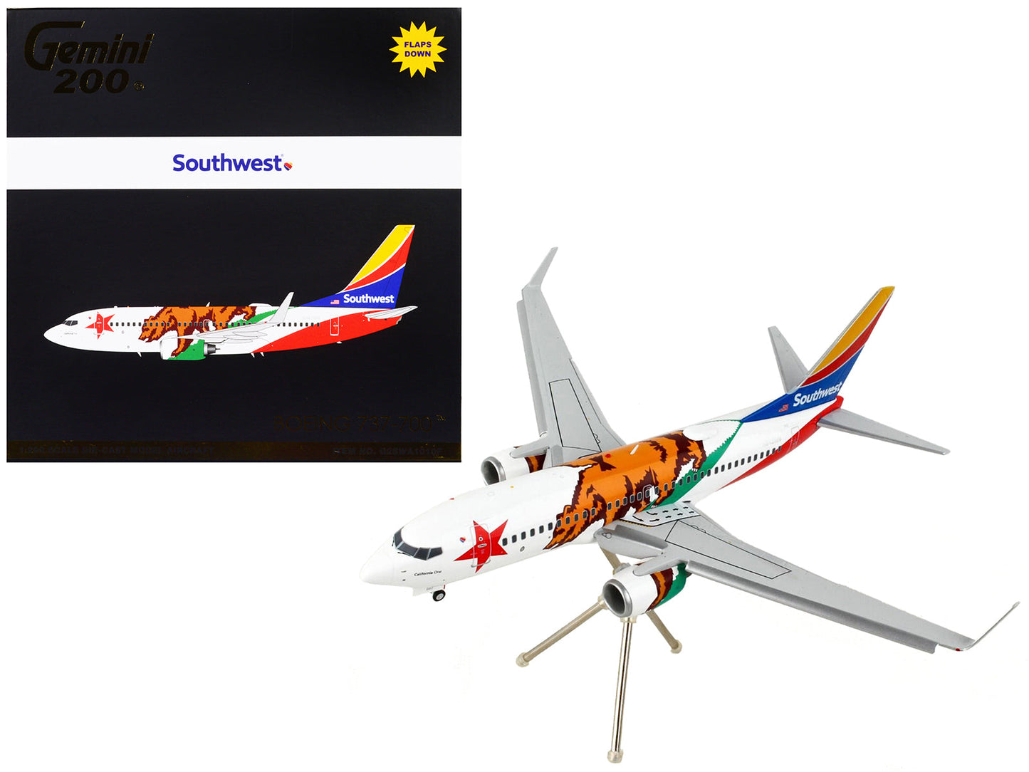 Boeing 737-700 Commercial Aircraft with Flaps Down "Southwest Airlines - California One" California Flag Livery "Gemini 200" Series 1/200 Diecast Model Airplane