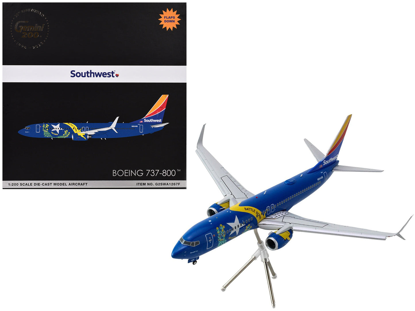 Boeing 737-800 Commercial Aircraft with Flaps Down "Southwest Airlines - Nevada One" (N8646B) Blue with Tail Stripes "Gemini 200" Series 1/200 Diecast Model Airplane