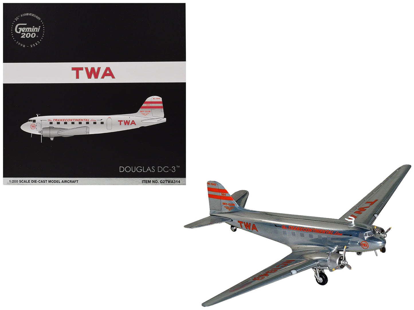 Douglas DC-3 Commercial Aircraft "TWA (Trans World Airlines)" (NC1943) Polished Metal Finish with Red Tail Stripes "Gemini 200" Series 1/200 Diecast Model Airplane