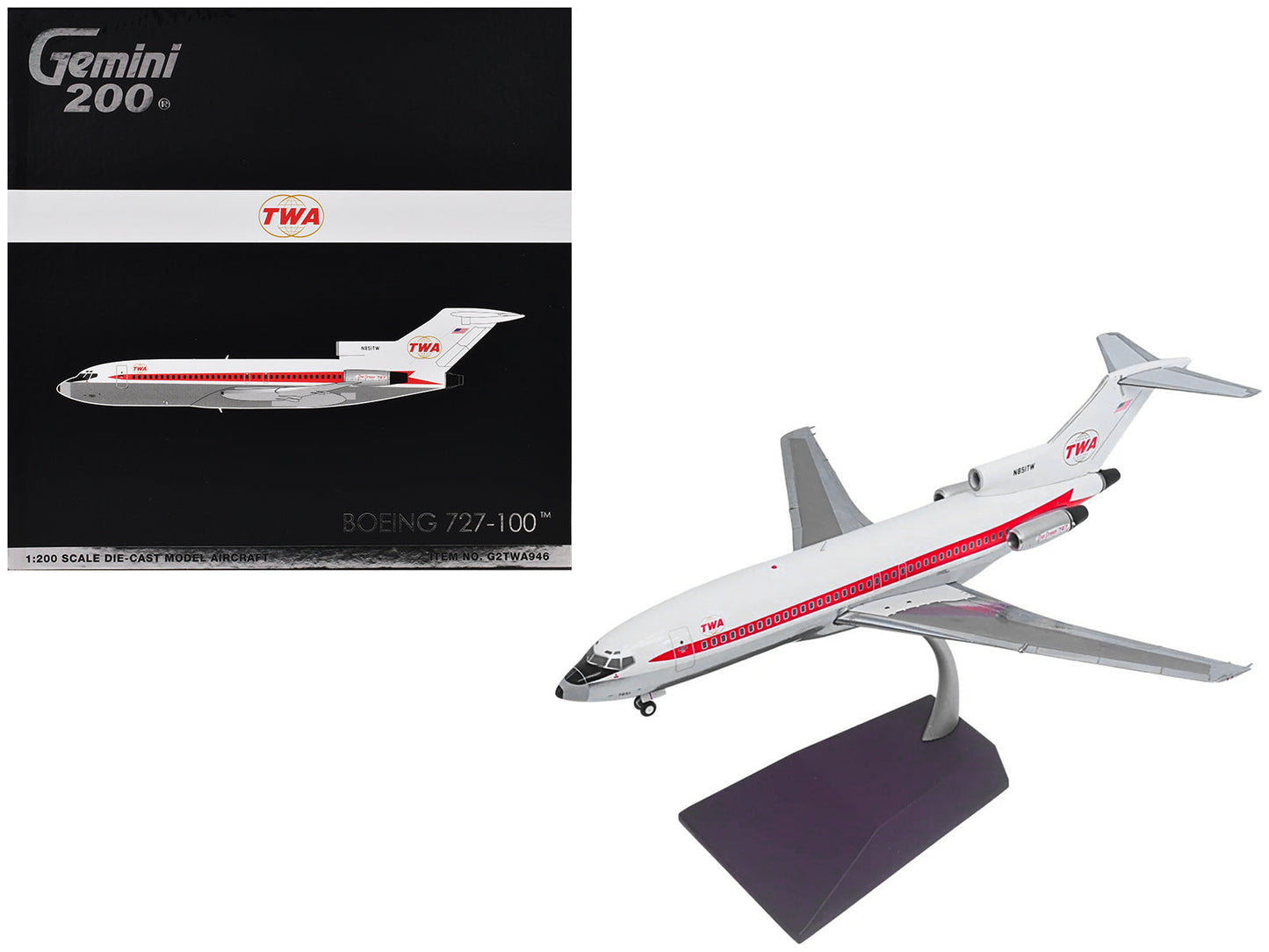 Boeing 727-100 Commercial Aircraft "Trans World Airlines (TWA)" (N851TW) White with Red Stripes "Gemini 200" Series 1/200 Diecast Model Airplane