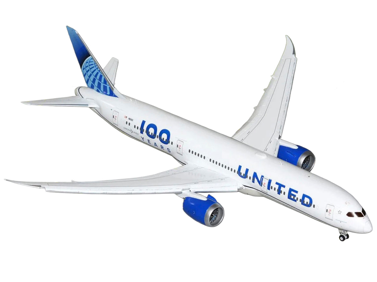 Boeing 787-9 Commercial Aircraft with Flaps Down "United Airlines 100 Years" (N61101) White with Graphics and Blue Tail "Gemini 200" Series 1/200 Diecast Model