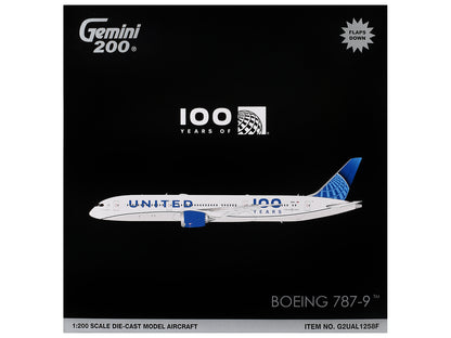 Boeing 787-9 Commercial Aircraft with Flaps Down "United Airlines 100 Years" (N61101) White with Graphics and Blue Tail "Gemini 200" Series 1/200 Diecast Model