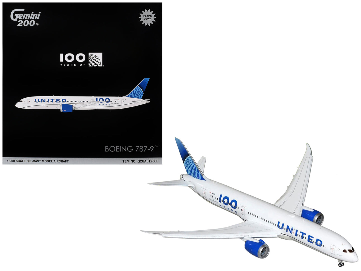 Boeing 787-9 Commercial Aircraft with Flaps Down "United Airlines 100 Years" (N61101) White with Graphics and Blue Tail "Gemini 200" Series 1/200 Diecast Model