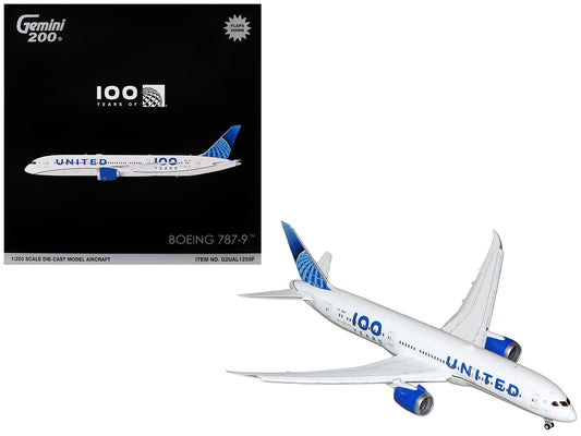 Boeing 787-9 Commercial Aircraft with Flaps Down "United Airlines 100 Years" (N61101) White with Graphics and Blue Tail "Gemini 200" Series 1/200 Diecast Model