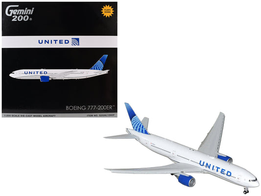 Boeing 777-200ER Commercial Aircraft with Flaps Down "United Airlines" (N798UA) White with Blue Tail "Gemini 200" Series 1/200 Diecast Model