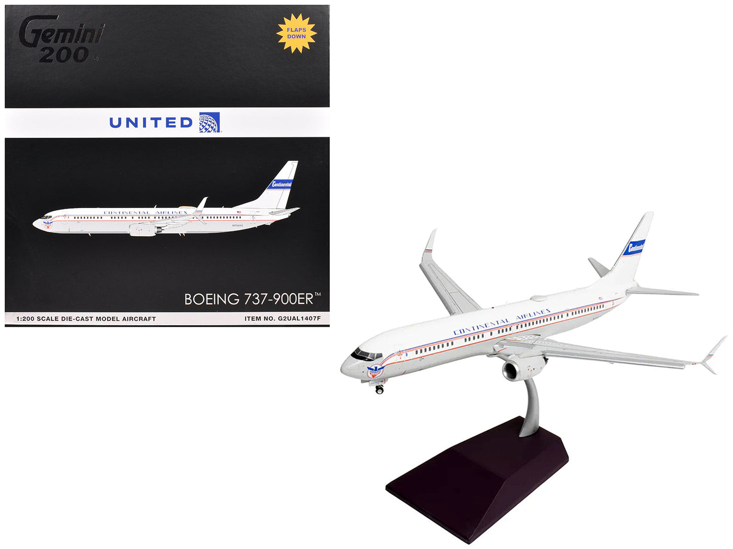 Boeing 737-900ER Commercial Aircraft with Flaps Down "Continental Airlines - United Airlines" (N75435) White with Red and Blue Stripes "Gemini 200" Series 1/200 Diecast Model Airplane