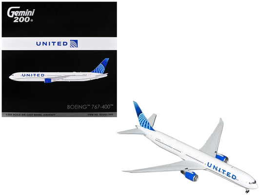 Boeing 767-400 Commercial Aircraft "United Airlines" (N76064) White with Blue Tail Graphics "Gemini 200" Series 1/200 Diecast Model Airplane