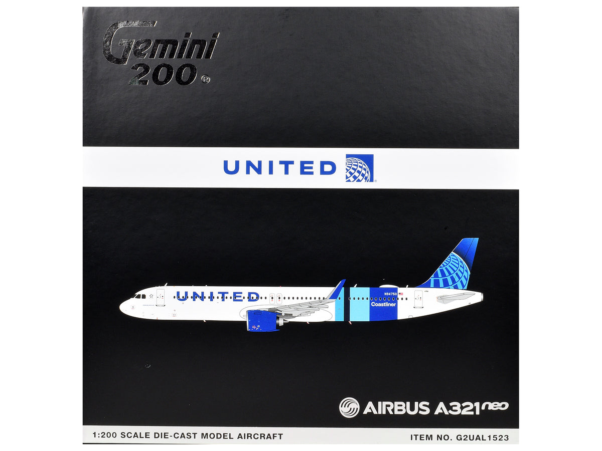 Airbus A321neo Commercial Aircraft "United Airlines Coastliner" (N94750) White with Blue Stripes "Gemini 200" Series 1/200 Diecast Model Airplane
