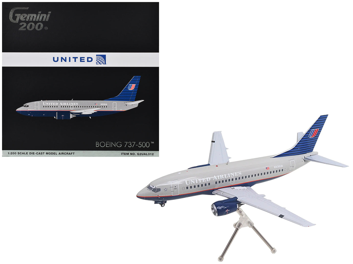 Boeing 737-500 Commercial Aircraft "United Airlines - Classic 737 Series" (N936UA) Gray with Blue Tail "Gemini 200" Series 1/200 Diecast Model Airplane