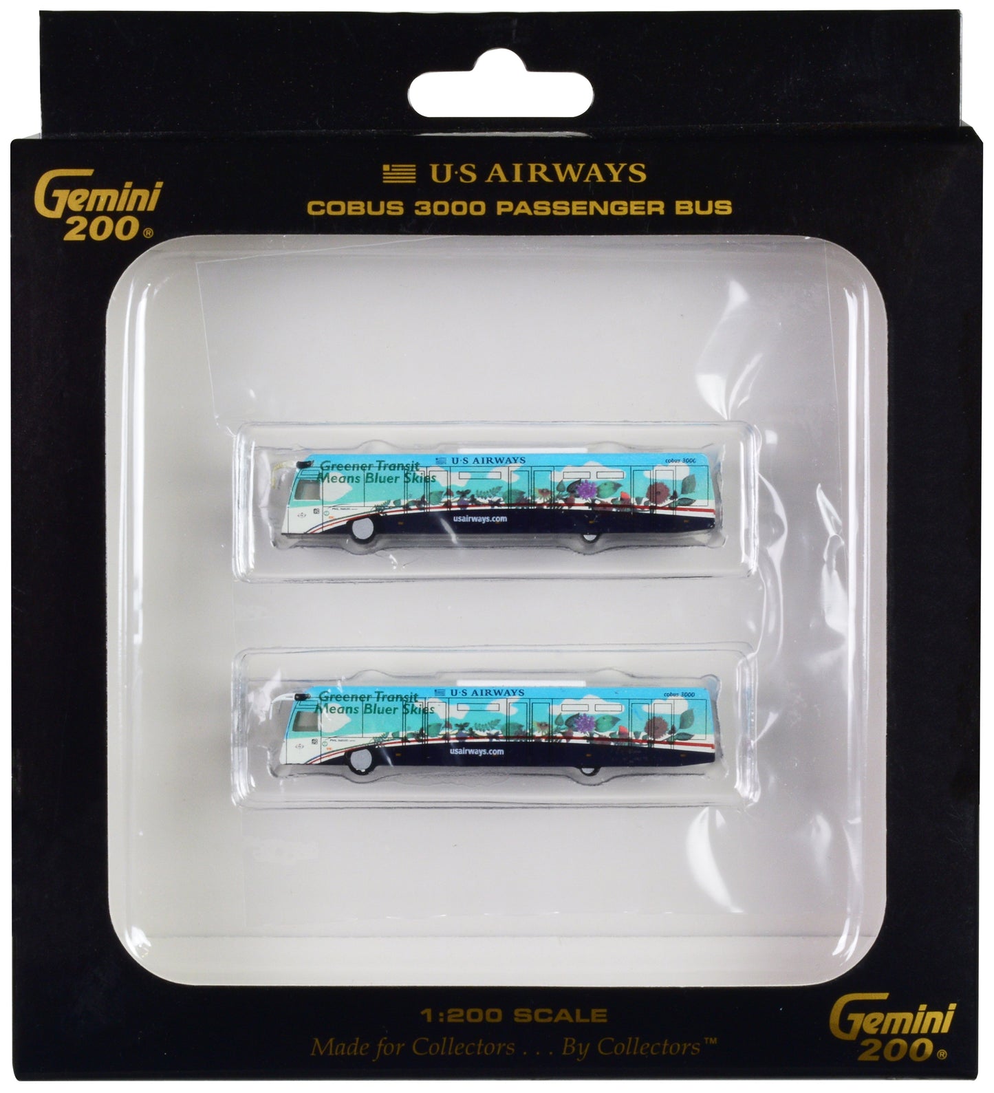 Cobus 3000 Passenger Bus White and Blue with Graphics "US Airways Shuttle Bus - Greener Transit" 2 Piece Set "Gemini 200" Series Diecast Models