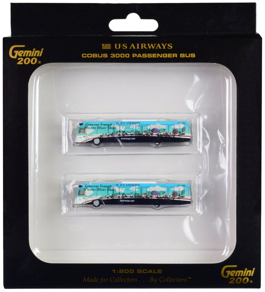 Cobus 3000 Passenger Bus White and Blue with Graphics "US Airways Shuttle Bus - Greener Transit" 2 Piece Set "Gemini 200" Series Diecast Models