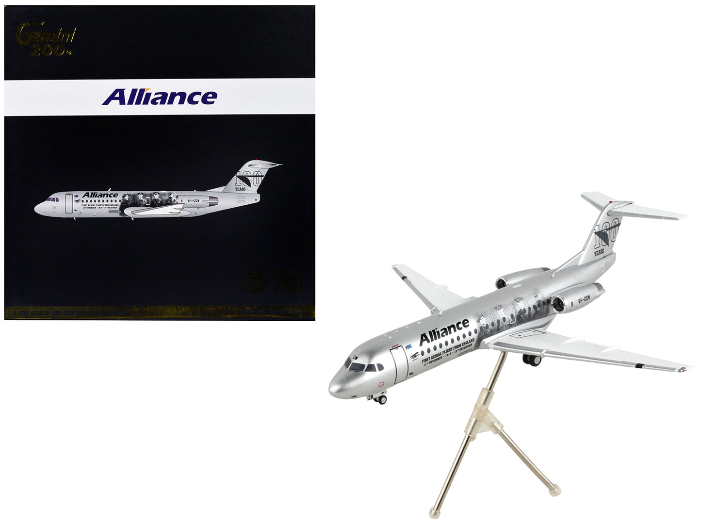 Fokker F70 Commercial Aircraft "Alliance Airlines - 100 Years First Flight from England" Silver Metallic "Gemini 200" Series 1/200 Diecast Model Airplane