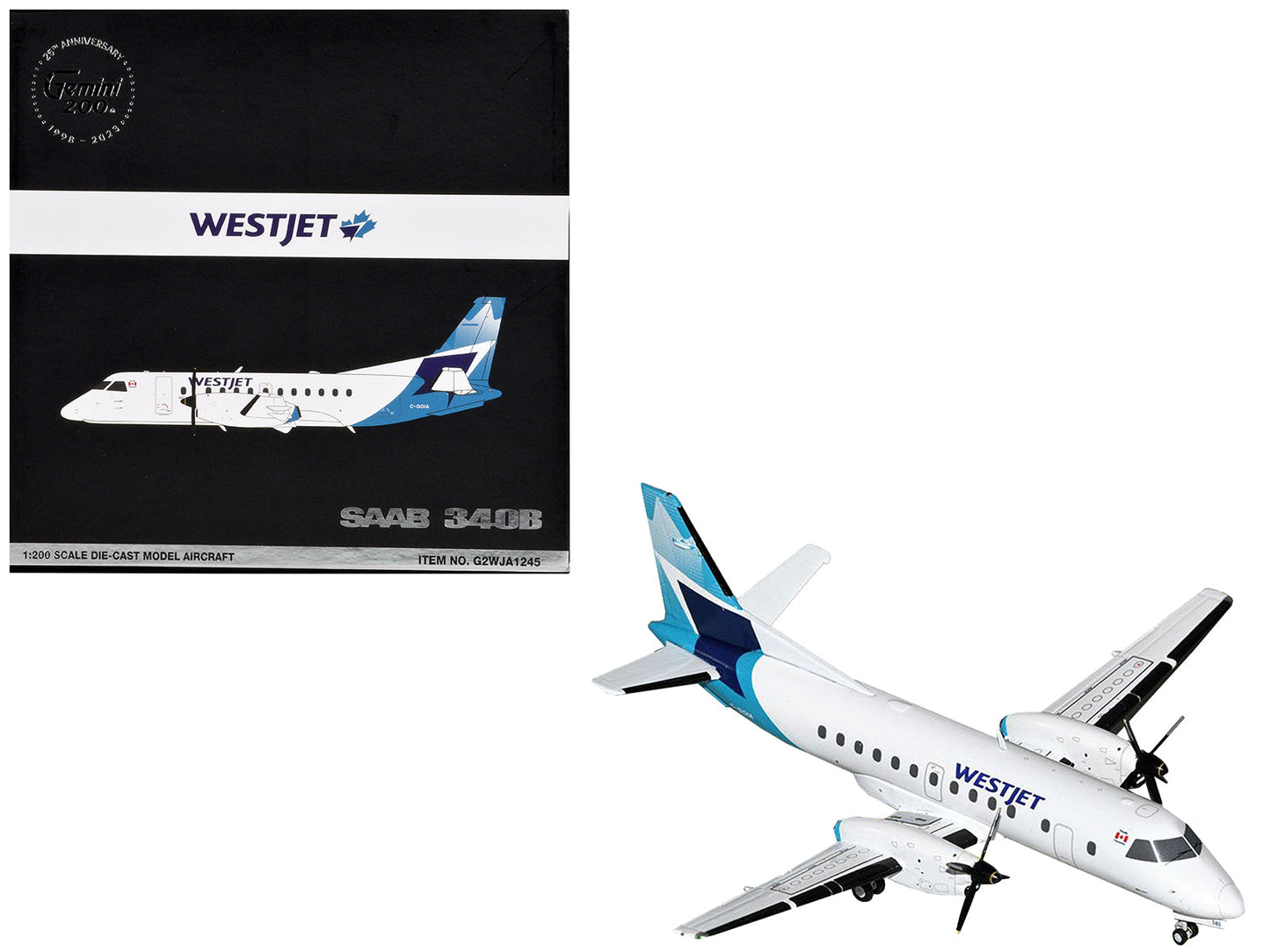 Saab 340B Commercial Aircraft "WestJet" (C-GOIA) White with Blue Stripes and Tail "Gemini 200" Series 1/200 Diecast Model Airplane