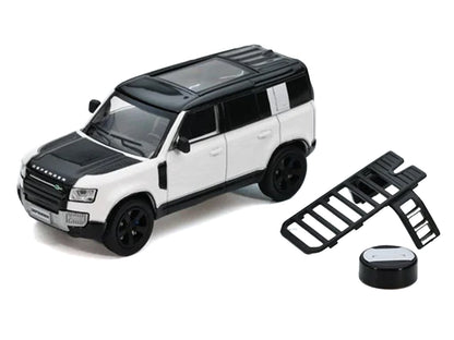 Land Rover Defender 110 White Metallic with Black Top and Roof Rack 1/64 Diecast Model Car